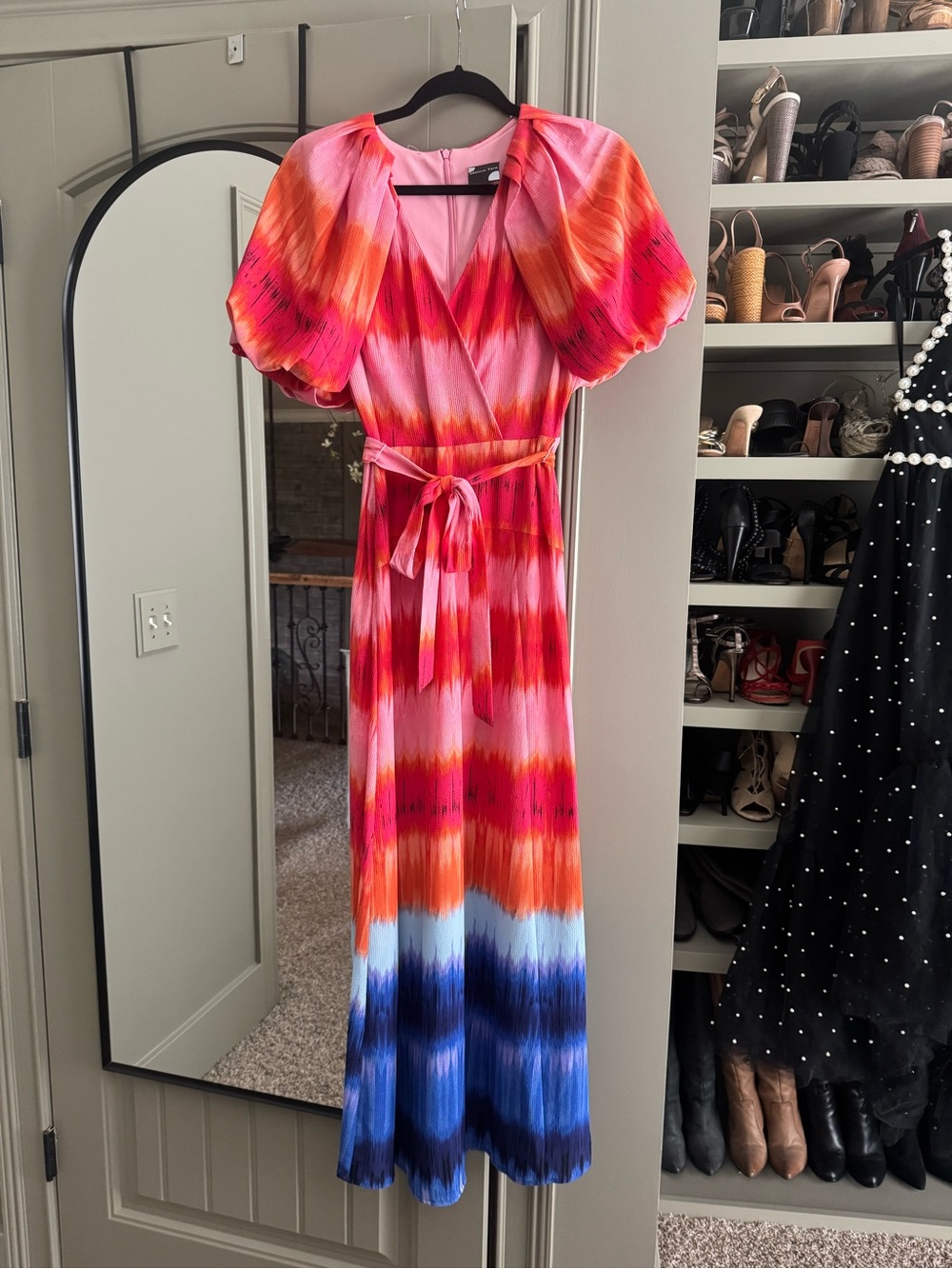 Maison Tara Pink, Orange & Blue Ombre Tie-Waist Maxi Dress